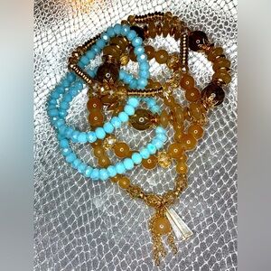 FRIENDSHIP BRACELETS 6 Strands Blue Crystal and Tan Stone Stretchy TAYLOR SWIFT